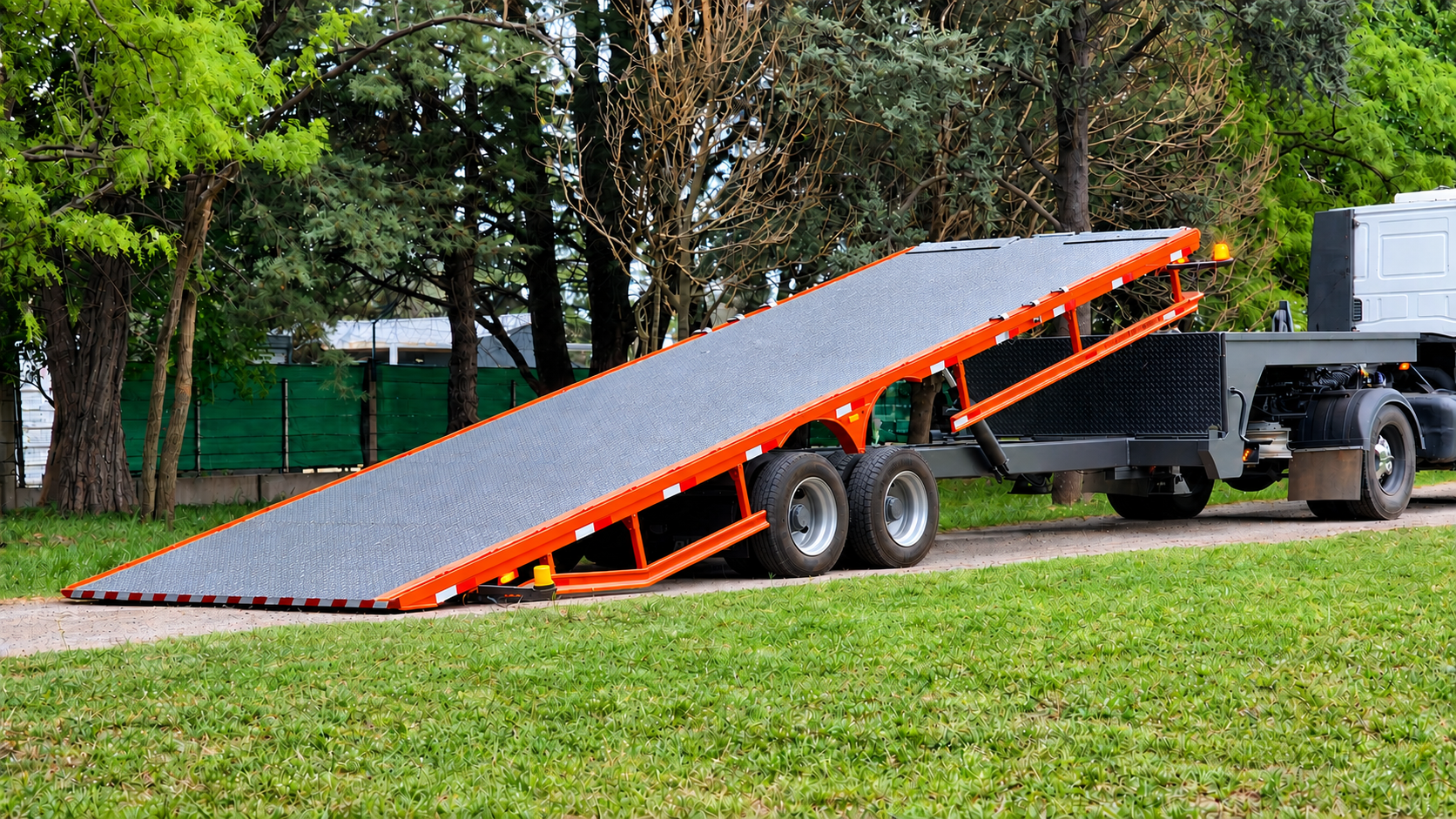 Trailer con plataforma naranja y mecanismo hidráulico desplegado